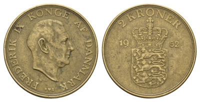 Дания 2 кроны 1952 N, Фредерик IX (1947-1972) KM 838 алюминиевая бронза 4680-221