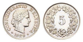 Швейцария 5 раппенов 1929 B KM 26 медно-никель 4705-1224