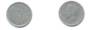 ИСПАНИЯ 5 ПЕСЕТ 1982 KM 823 медно-никель 54-1856