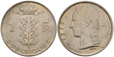 Бельгия 1 франк 1977 Belgique, Бодуэн I (1951-1993) KM 142.1 медно-никель 4156-626