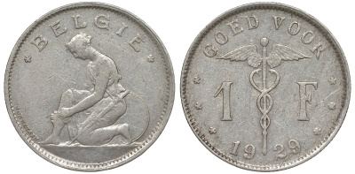 Бельгия 1 франк 1929 Belgie KM 90 никель 51-1751