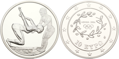Греция 10 евро 2003 XXVIII летние Олимпийские игры 2004 года в Афинах, плавание KM 200 серебро PROOF 1066-3-14