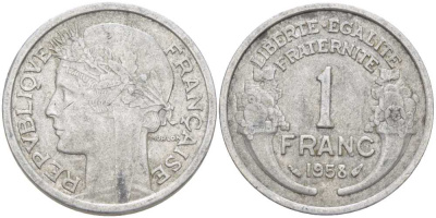 ФРАНЦИЯ 1 ФРАНК 1958 ТИП MORLON KM 885а.1, LE FRANC 221.21 алюминий 212-921