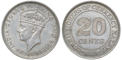 Британская Малайя 20 центов 1939 Георг VI (1937-1952) KM 5 серебро 53-344