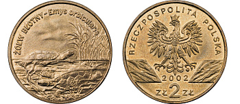 Польша 2 злотых 2002 MW, серия сохраним наш мир, болотные черепахи KM 427 нордик UNC 4526-634
