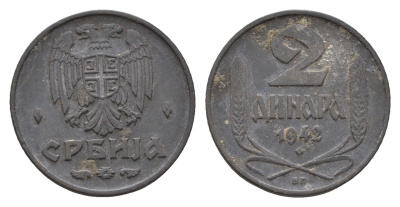 Сербия 2 динара 1942 год-тип KM 32 цинк 4695-247