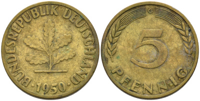 ФРГ 5 ПФЕННИГОВ 1950 G KM 107, J.382 сталь плакированная латунью 75-455