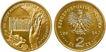 Польша 2 злотых 2004 MW, 100 лет Академии изящных искусств KM 509 нордик UNC 4676-152