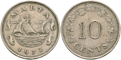 Мальта 10 центов 1972 баржа Великого магистра KM 11 медно-никель 4137-825