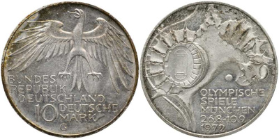 ФРГ 10 МАРОК 1972 G, ОЛИМПИЙСКИЕ ИГРЫ В МЮНХЕНЕ, СТАДИОН, ТИРАЖ 5000000 ЭКЗ., ВЕС 15,5 ГР., ПРОБА 625 KM 133, J. 404 серебро 180-611