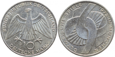 ФРГ 10 марок 1972 G, XX летние Олимпийские игры 1972 года в Мюнхене, символика KM 131, J.402 серебро UNC 1520-1432