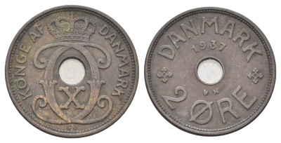 Дания 2 эре 1937 N, Кристиан X (1912-1947) KM 827 бронза 4701-852
