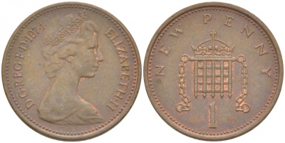 Великобритания 1 пенни 1974 Елизавета II (1952-2022) KM 915, Spink 4237 (B1) бронза 3851-1165
