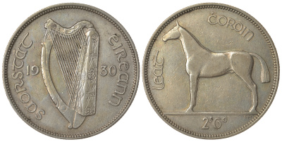 ИРЛАНДИЯ 1/2 КРОНЫ 1930 ЛОШАДЬ KM 8 серебро 633-131