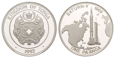 Тонга 1 паанга 1992 Сатурн-5 KM 158 серебро PROOF 1091-4-21