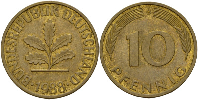 ФРГ 10 пфеннигов 1988 G KM 108, J. 383 сталь плакированная латунью 4189-849