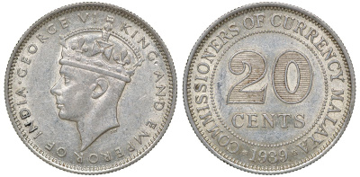 Британская Малайя 20 центов 1939 Георг VI (1937-1952) KM 5 серебро 53-421