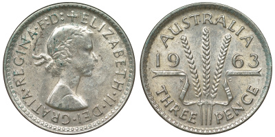 Австралия 3 пенса 1963 m, Елизавета II (1952-2022) KM 57 серебро 71-919