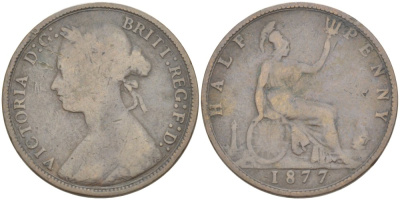 Великобритания 1/2 пенни 1877 Виктория (1837-1901) KM 754, Spink 3956 бронза 4543-1212