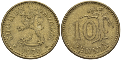 ФИНЛЯНДИЯ 10 ПЕННИ 1970 S KM 46 алюминиевая бронза 100-169