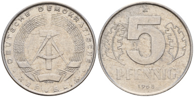 ГДР 5 пфеннигов 1968 А KM 9.1 алюминий    4160-1269