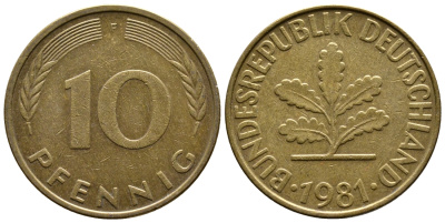 ФРГ 10 ПФЕННИГОВ 1981 F KM 108, J. 383 сталь плакированная латунью 56-1016