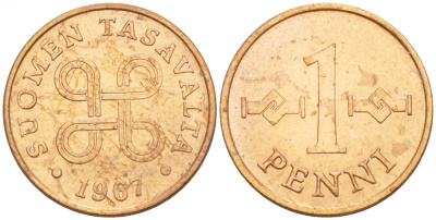 Финляндия 1 пенни 1967 KM 44 медь 4547-1025