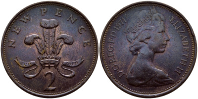 Великобритания 2 пенса 1971 Елизавета II (1952-2022) KM 916, Spink 4235 (C1) бронза 51-2746