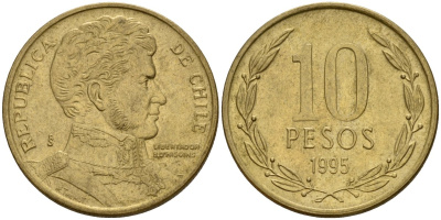 Чили 10 песо 1995 KM 228 никель латунь 4159-1012