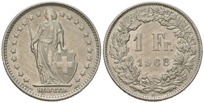 Швейцария 1 франк 1968 B KM 24a.1 медно-никель 216-852