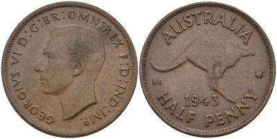 Австралия 1/2 пенни 1943 Кенгуру, Георг VI (1937-1952) KM 41 бронза 4579-124