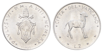 Ватикан 2 лиры 1970 MCMLXX KM 117 алюминий UNC 4701-517