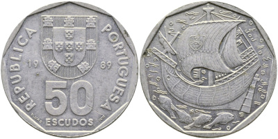 ПОРТУГАЛИЯ 50 ЭСКУДО 1989 KM 636 медно-никель 1515-1511