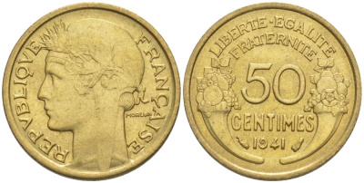 ФРАНЦИЯ 50 САНТИМОВ 1941 ТИП MORLON KM 894.1, LE FRANC 192.18 алюминиевая бронза 44-646