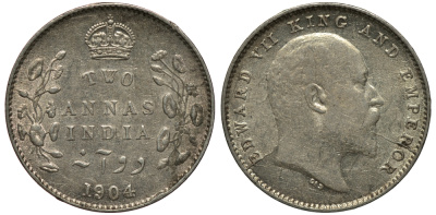 Британская Индия 2 анна 1904 Эдуард VII (1901-1910) KM 505 серебро XF 4044-813
