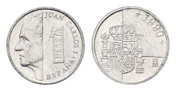 Испания 1 песета 1990 M, Хуан Карлос I (1975-2014) KM 832 алюминий 4684-1062