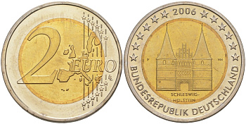 Германия 2 евро 2006 F, серия ФЕДЕРАЛЬНЫЕ ЗЕМЛИ, ШЛЕЗВИГ-ГОЛЬШТЕЙН, ГОЛШТИНСКИЕ ВОРОТА В ЛЮБЕКЕ KM 253 биметалл UNC 4111-733