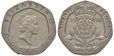 Великобритания 20 пенсов 1990 Елизавета II (1952-2022) KM 939, Spink 4361 (G2) медно-никель 4122-1121