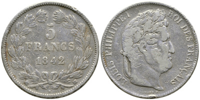 Франция 5 франков 1842 BB, Луи Филипп I (1830-1848) KM 749.3 серебро 1066-7-65