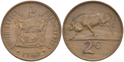 ЮАР 2 цента 1980 герб, антилопа гну KM 83 бронза 4561-723
