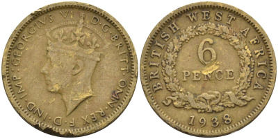 Британская Западная Африка 6 пенсов 1938 Георг VI (1936-1952) KM 22 никель-латунь 4588-654
