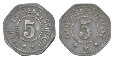 Охтруп 5 пфеннигов ND братья Лауренц Men05 19670.1, Men18 24677.1 цинк 1526-824