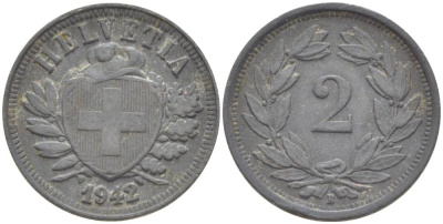 Швейцария 2 раппена 1942 В KM 4.2b цинк 4532-641