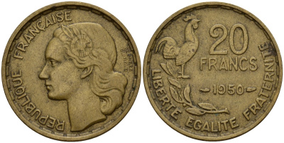 Франция 20 франков 1950 B, Петух KM 917.1 алюминиевая бронза 4159-926