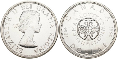 Канада 1 доллар 1964 100 лет Квебеку (Шарлоттаун) KM 58 серебро UNC 1087-9-71