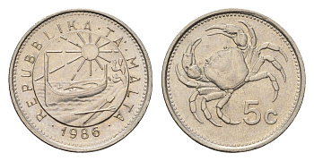 Мальта 5 центов 1986 год-тип, краб KM 77 медно-никель UNC 4689-1143