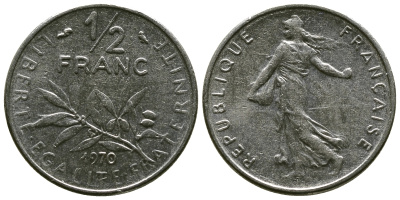 ФРАНЦИЯ 1/2 ФРАНКА 1970 KM 931.1 никель 4381-631