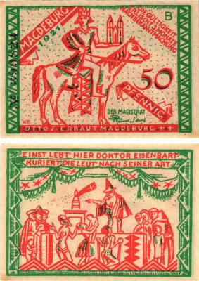 МАГДЕБУРГ 50 ПФЕННИГОВ 1921 НОТГЕЛЬД, ЗЕМЛЯ НИЖНЯЯ САКСОНИЯ-АНХАЛЬТ, БУКВА В Grabowski 857.1 бумага 8592-50-2-2
