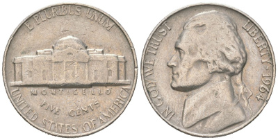 США 5 центов 1964 Джефферсон KM A192 медно-никель 192-1048