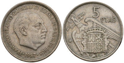 Испания 5 песет 1957 (67) Франсиско Франко (1939-1975) KM 786 медно-никель 186-643